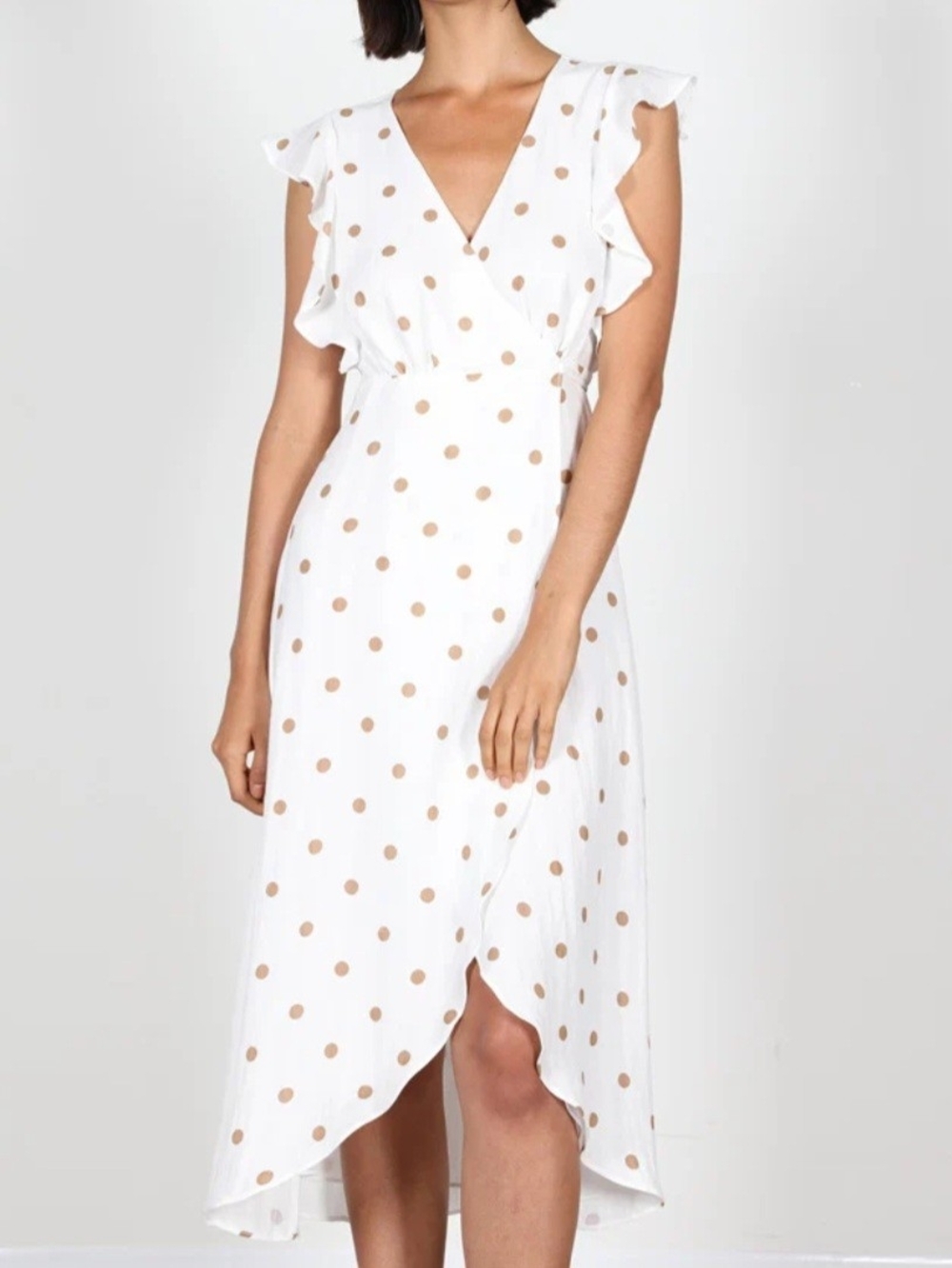 NWT Essue Medium Polka Dot White & Tan Tie-Waist Wrap Midi Dress